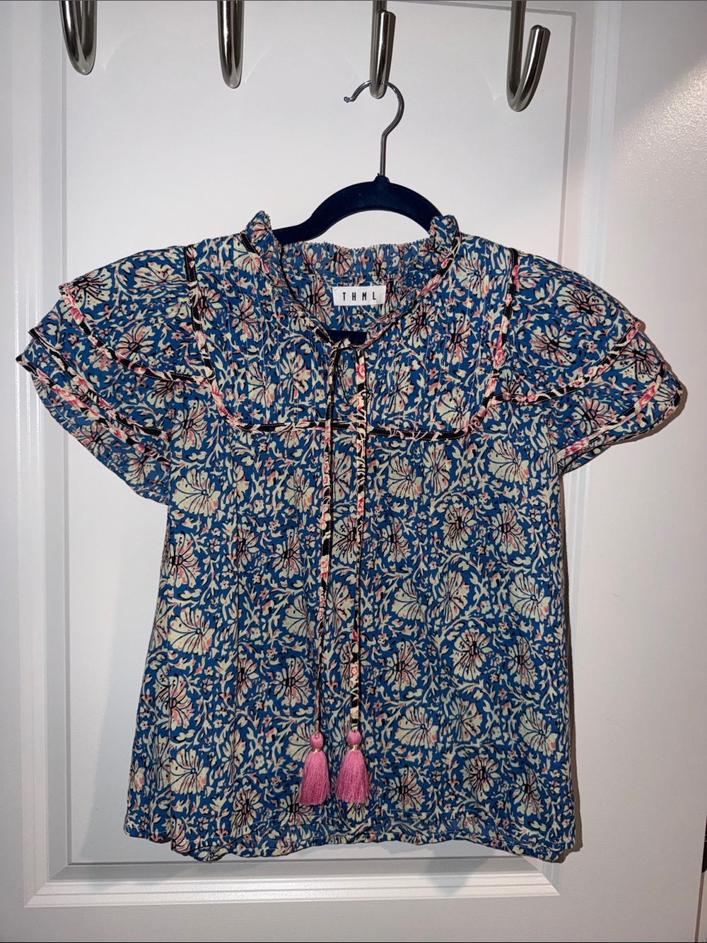 THML Blue Floral Ruffle Top with Pink Tassels